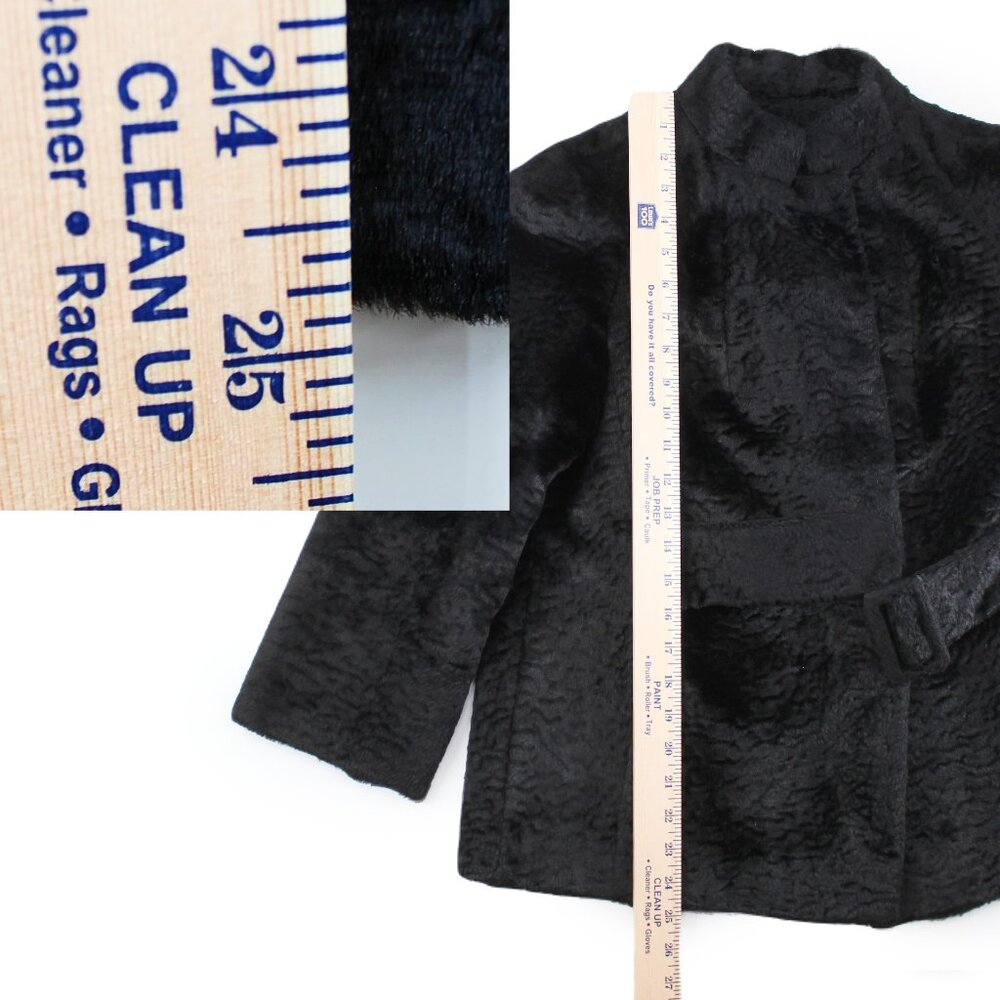 VTG 50s 60s Faux Fur Jacket Black Belted Satin Lined Stand Collar Swing Coat M - Picture 13 of 16